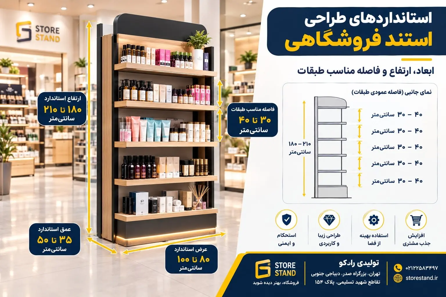 استانداردهای طراحی استند فروشگاهی، ابعاد و ارتفاع و فاصله مناسب طبقات (3) استانداردهای طراحی استند فروشگاهی، ابعاد و ارتفاع و فاصله مناسب طبقات